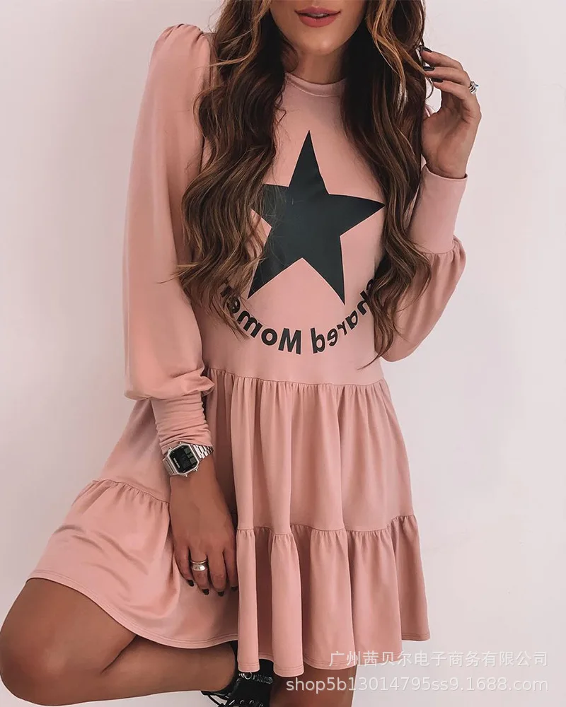 

pink star print dress for women ruffles long sleeve short dresses casual o neck letter print dress 2021