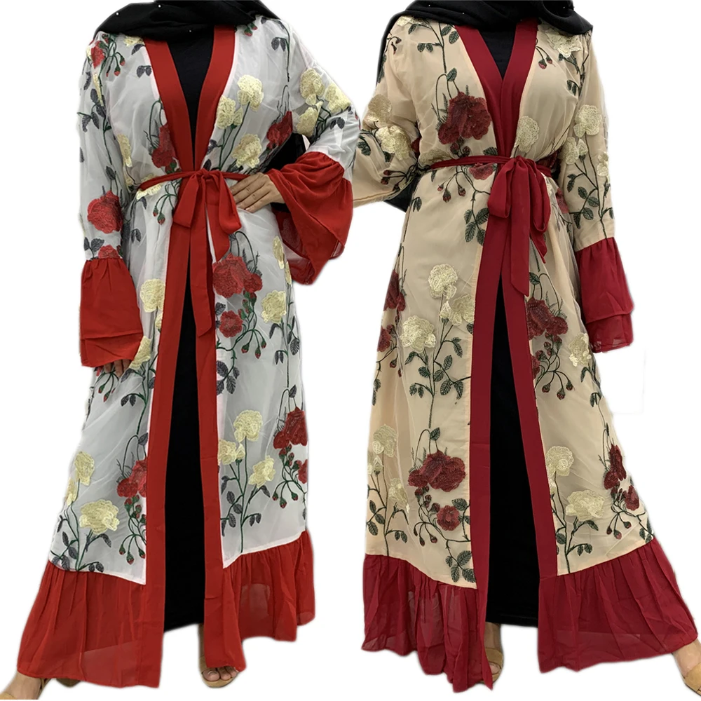 Новый Дубай абайя женские мусульманские длинные платья кимоно джилбаб открытый кардиган вышивка длинный кафтан турецкий исламский халат о...