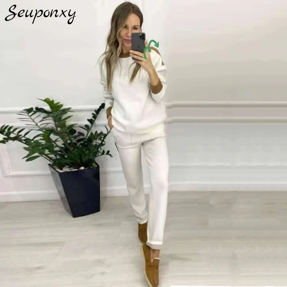

High-Quality Spring 2021 Women'S Knitted Two-Piece Set Sexy O-Neck Long-Sleeved Pullover + Elastic Waist Pants Casual Set