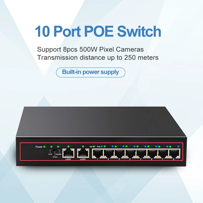 Коммутатор POE с 10 портами 48 В сетевой коммутатор Ethernet 8 PoE выключатель инъектор для