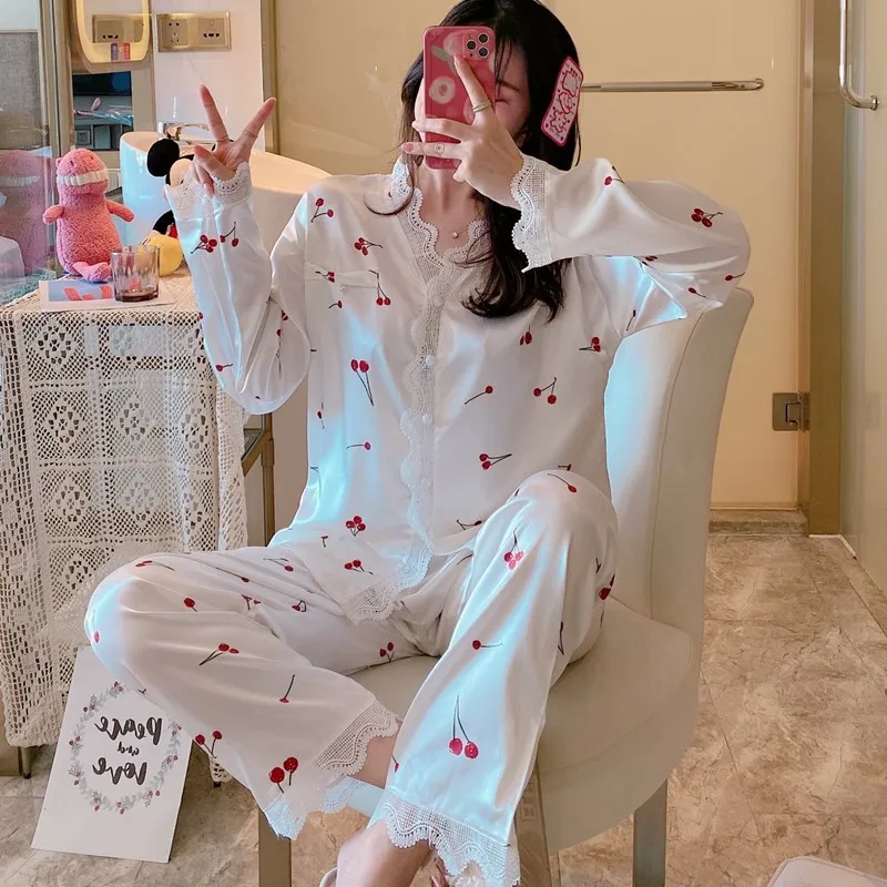 Ice Silk Pajamas Women's Spring Summer Long Sleeve Trousers 2Pcs Set Nightwear Korean Thin Simple Fashion Home Wear Sleepwear