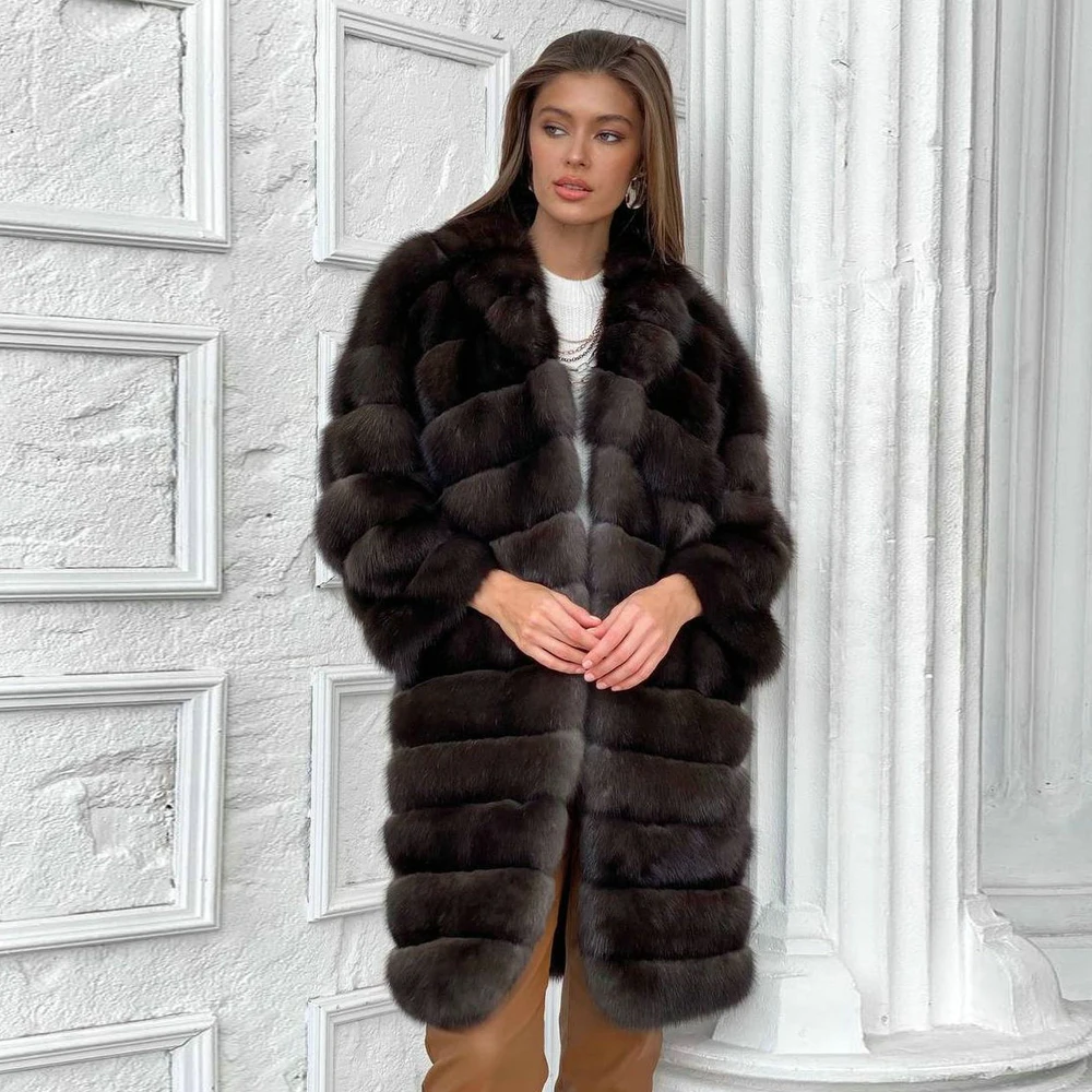 

2021 New Outwear Luxury High Quality Genuine Whole Skin Fox Fur Coats with Lapel Collar Winter Fashion Real Fox Fur Coat Woman