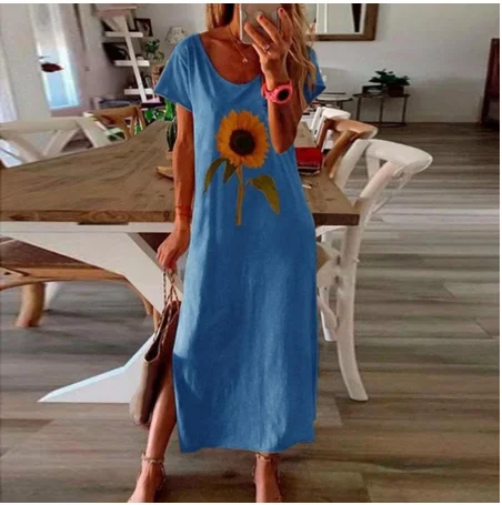 

Sunflower Print Dress sleeveless dress women's 2022 loose skirt with round neck, short sleeves and side slit