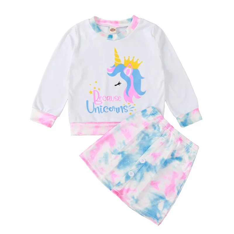 

2020 Winter Children Sets Casual Long Sleeve O Neck Print Unicorn T-shirt Tie-dye Skirt Cute 2Pcs Girls Boys Clothes Set 2-6T