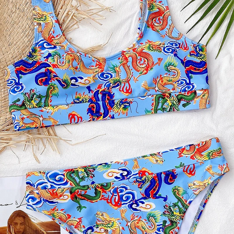 

Colorful Dragon Print 2020 Female Swimsuit High Waist Bikini Women Swimwear Two-pieces Bikini set Bather Bathing Beach Suit Swim