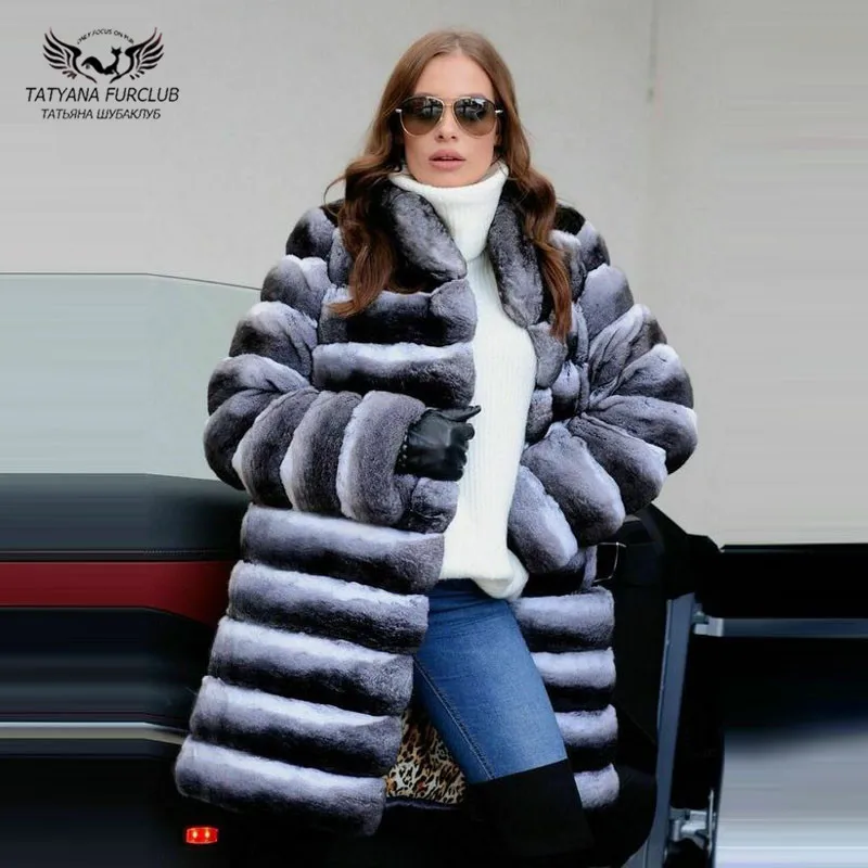 90cm Long Real Rex Rabbit Fur Coat Stand Collar Whole Skin Natural Rabbit Fur Jackets Chinchilla Color Winter Woman Overcoats