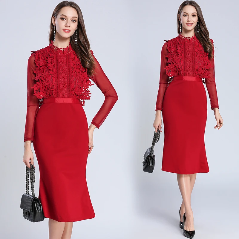 

2020 new fashion lady elegant party dress women squre collar long sleeve party dresses lace sleeves above knee Dress