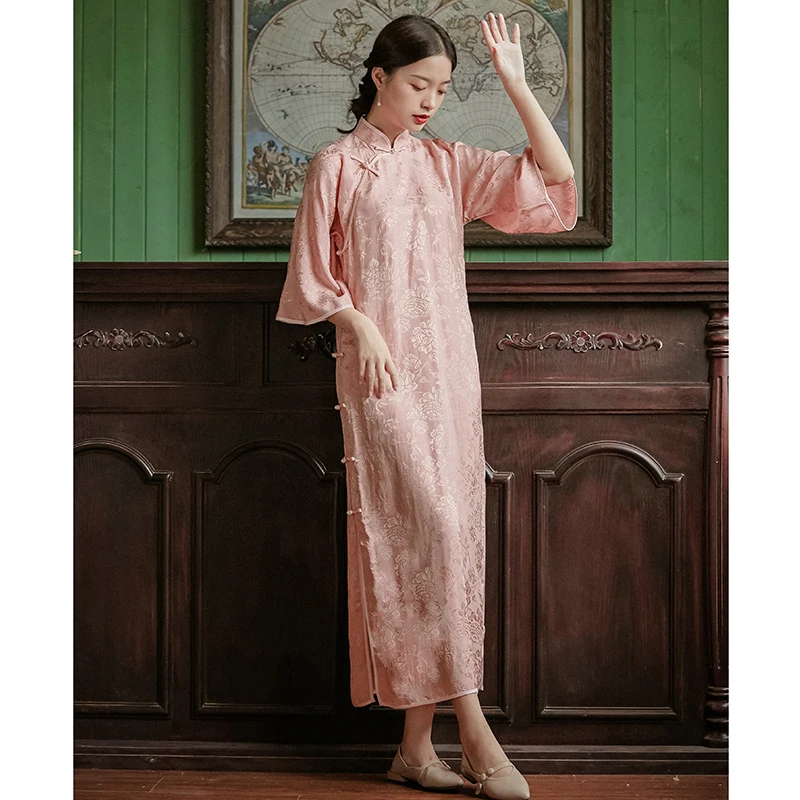 

of the republic of China women's plate of traditional copper ammonia silk jacquard down big studs loose long cheongsam