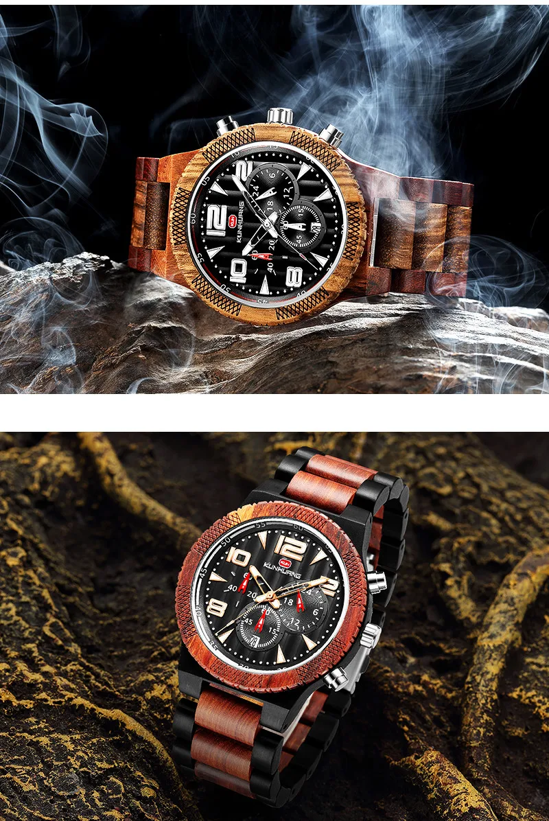 Черное дерево + Красное сандаловое часы мужские с большим циферблатом Ретро
