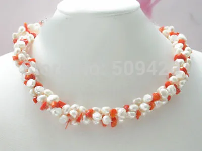 ~ W &amp O655&gt красивое 3 нити розовый коралл белый причудливое жемчужное ожерелье |