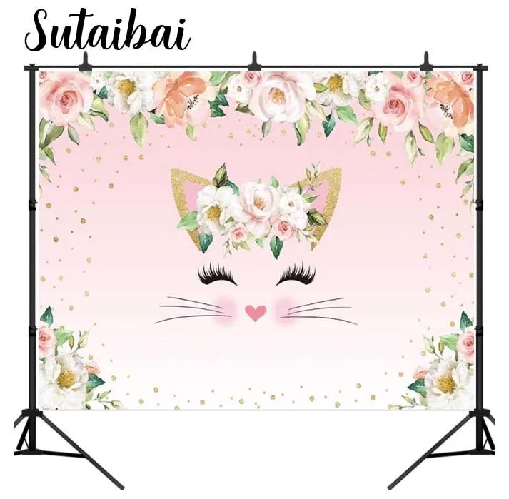 

Pink Cat Photography Backdrop Kitten Meow Pet Paw-ty Baby Shower Girl 1st Birthday Party Decoration Flower Floral Background