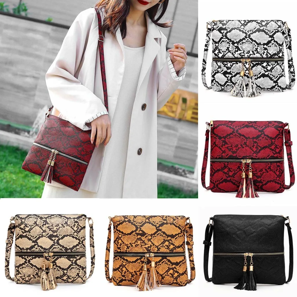 Fashion Women Tassel Snake Printing Zipper Messenger Bag Handbag Shoulder Bag Elegant Small Square Bags#YJ