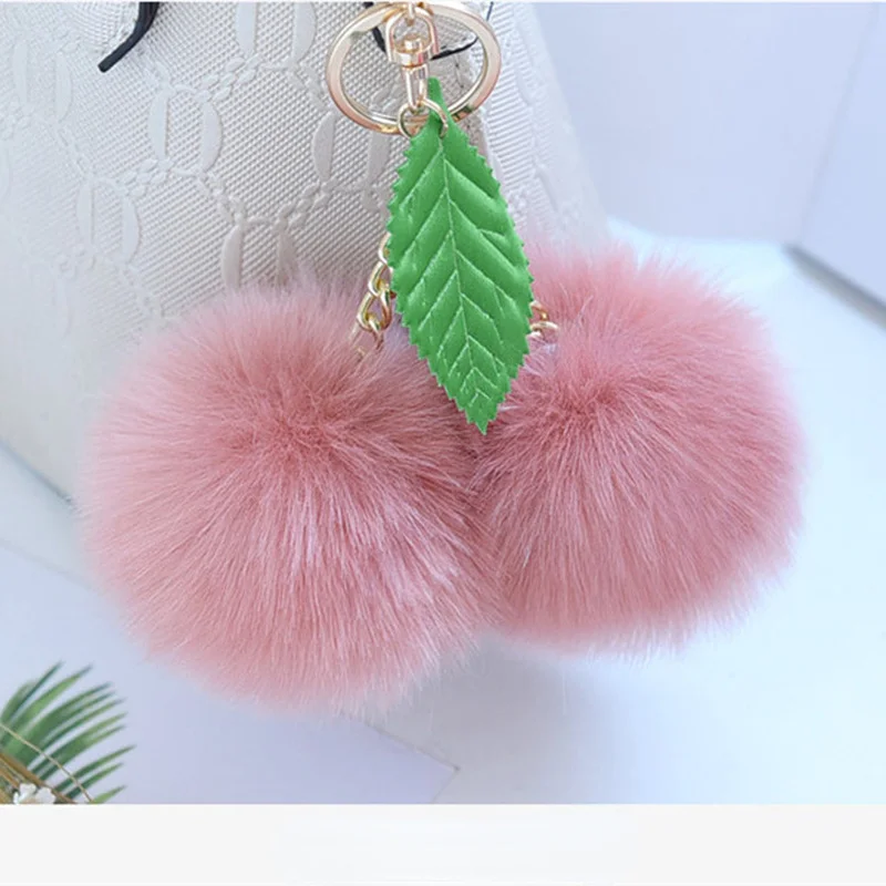 

Fashion New Cute Fluffy Faux Rabbit Fur Ball Pompom Keychain Cherry Gold Key Chain Pom Pom Keyring Bag Charms Wedding Trinket