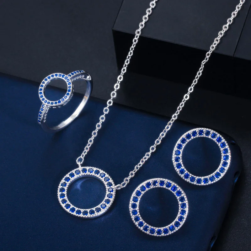 Blue Cwwzircons бренд классический Кубический Цирконий Кристалл Любовь Круглый Кулон, кольца ожерелье и серьги модный набор украшений для женщин T352 - Metal color: Blue