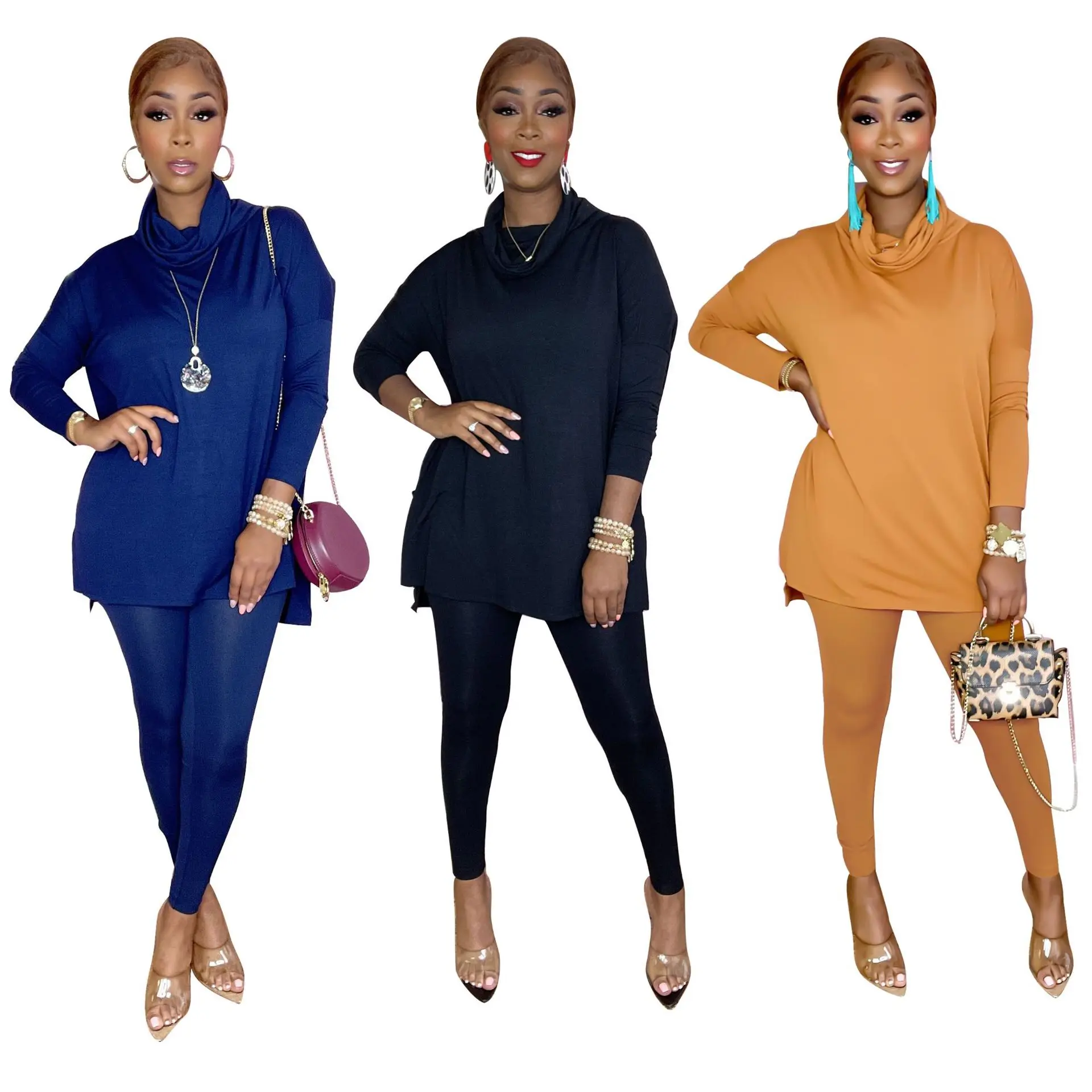 

19YZ1289 Autumn Winter Women Casual Thick Fashion Casual High-neck Long-sleeved Trousers Two Piece Set Hot