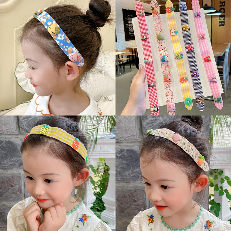 

2021 Children Cute Cartoon Flower Fruit Bangs Stick Velcro Hairbands Baby Girls Lovely Easy Soft Headbands Kids Hair Accessories