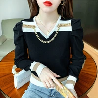 puff sleeve sweater women striped knitted shirt tops v neck short pull jumers female white chains pullovers top ladies sweaters
