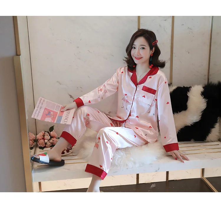 Женские шелковые атласные пижамы, пижамный комплект, пижама с длинным рукавом, Пижамный костюм, женский пижамный комплект из двух предметов, домашняя одежда размера плюс