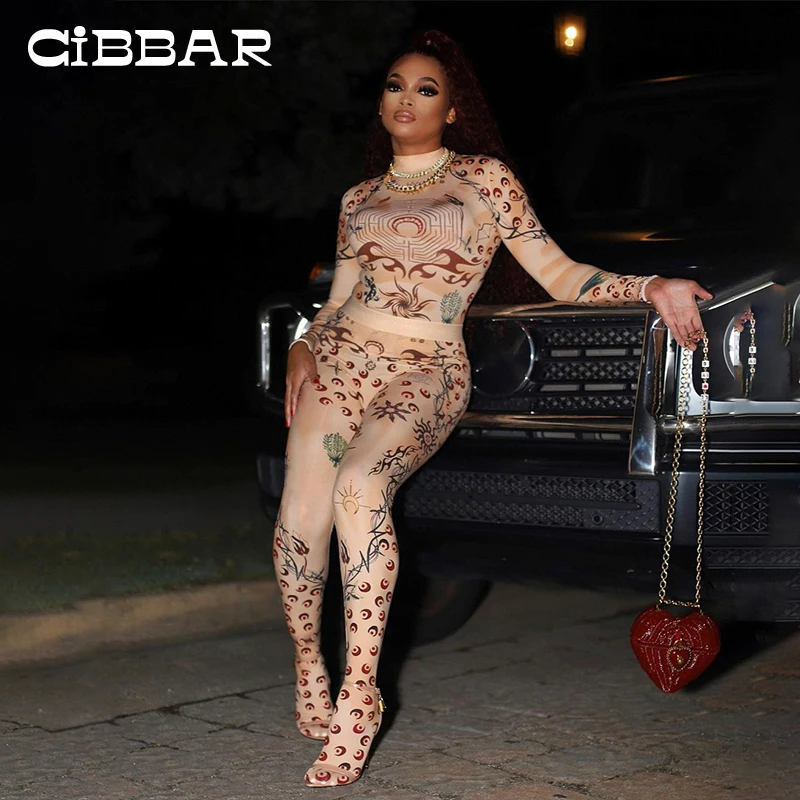 CIBBAR Hipster 프린트 긴 소매 스키니 점프 슈트 여성용 가을 옷 하라주쿠 하이 스트리트 레트로 터틀넥 클럽웨어 원피스