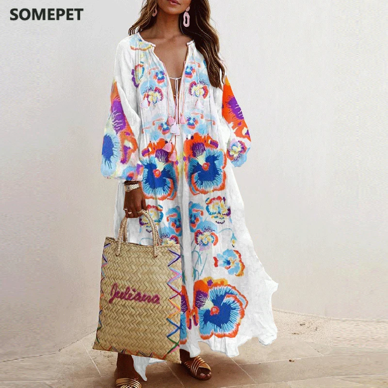 

Spring Elegant Floral Print Tassel Long Party Dress Vintage Long Lantern Sleeve Ladies Dresses Women V Neck Casual Loose Dress