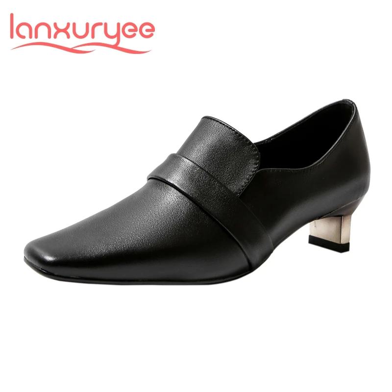 

Lanxuryee limited customization plus size genuine leather square toe strange med heel special design fashion women pumps L9f3