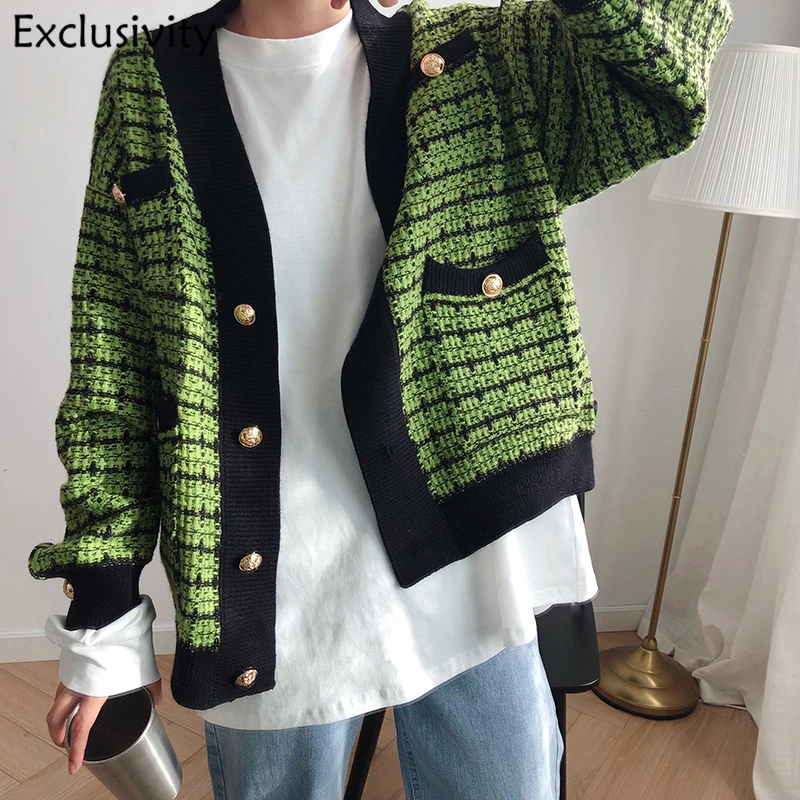 

Small Fragrance Coat Autumn Women's New Net Red Loose Spring And Autumn Plaid Knit Cardigan