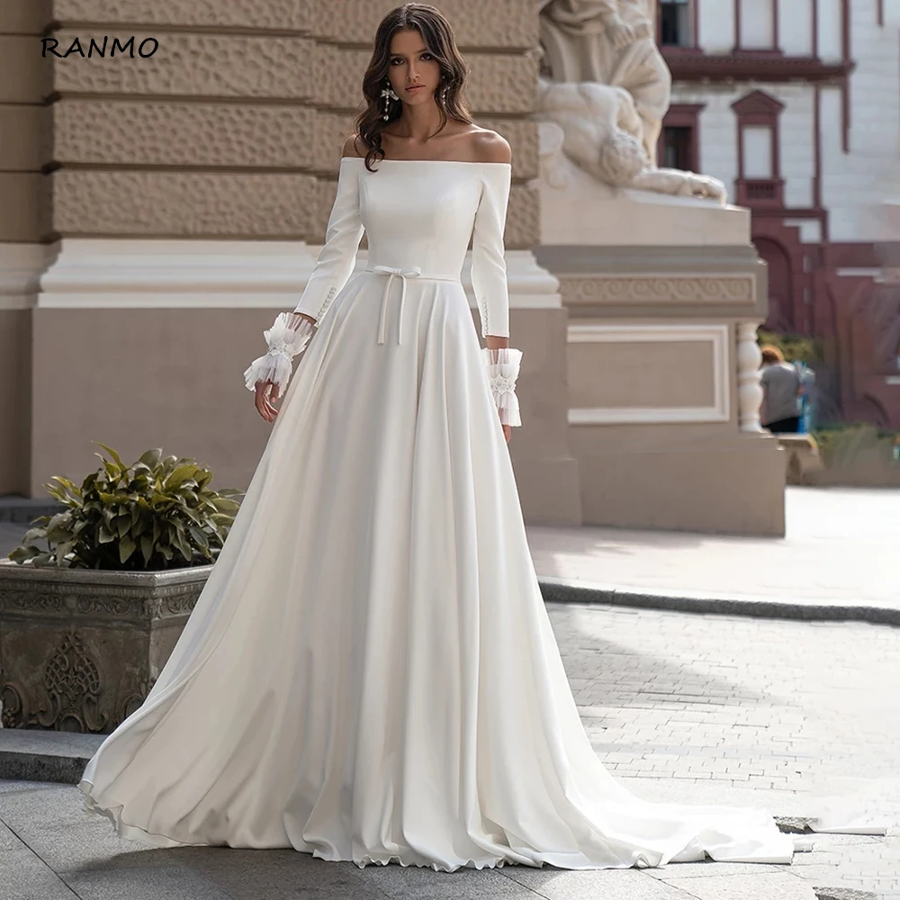 

Boat Neck Wedding Dresses 2021 3/4 Sleeves Bow Belt A-Line Sweep Train Simple Satin Elegant Bridal Gowns Custom Robe de Mariee