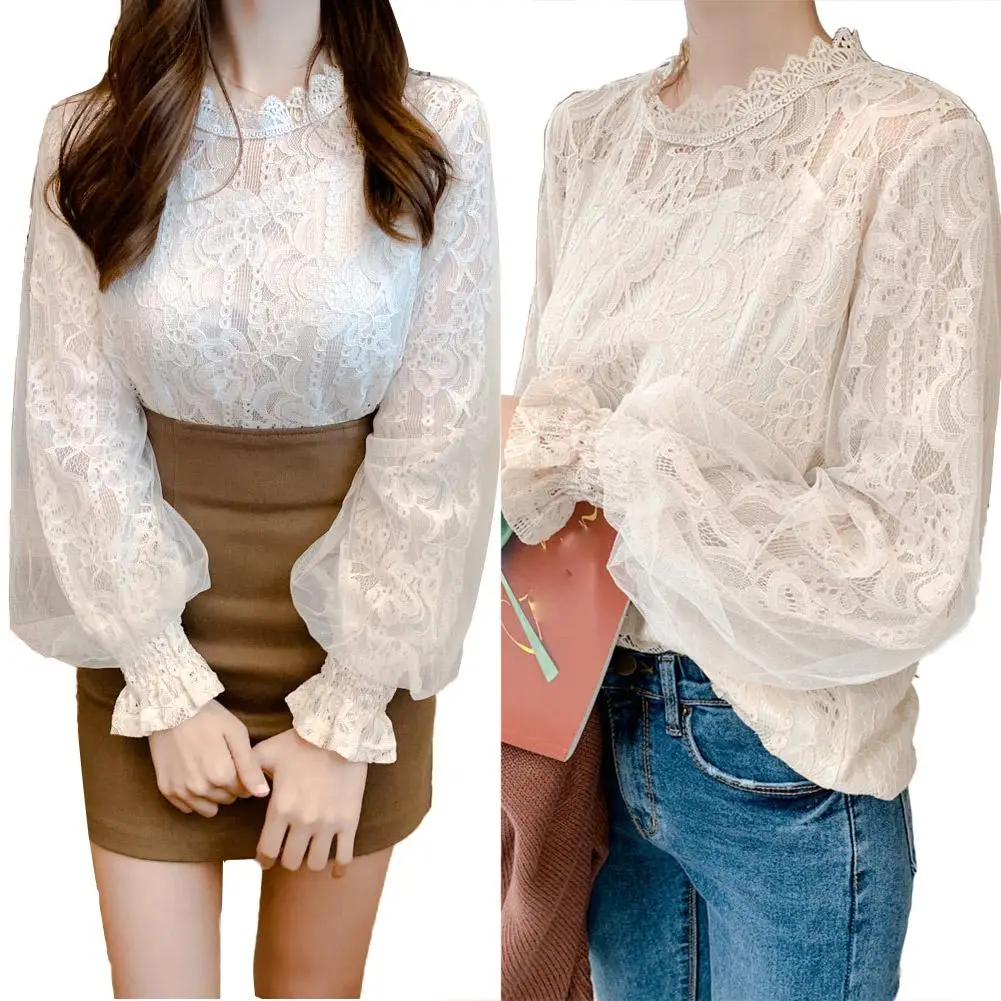 

Casual Women Floral Lace Brim Hollow Out Puff Sleeve Mock Neck Top Blouse Shirt Women Hot Sale Button Basic Blouses Printed tops