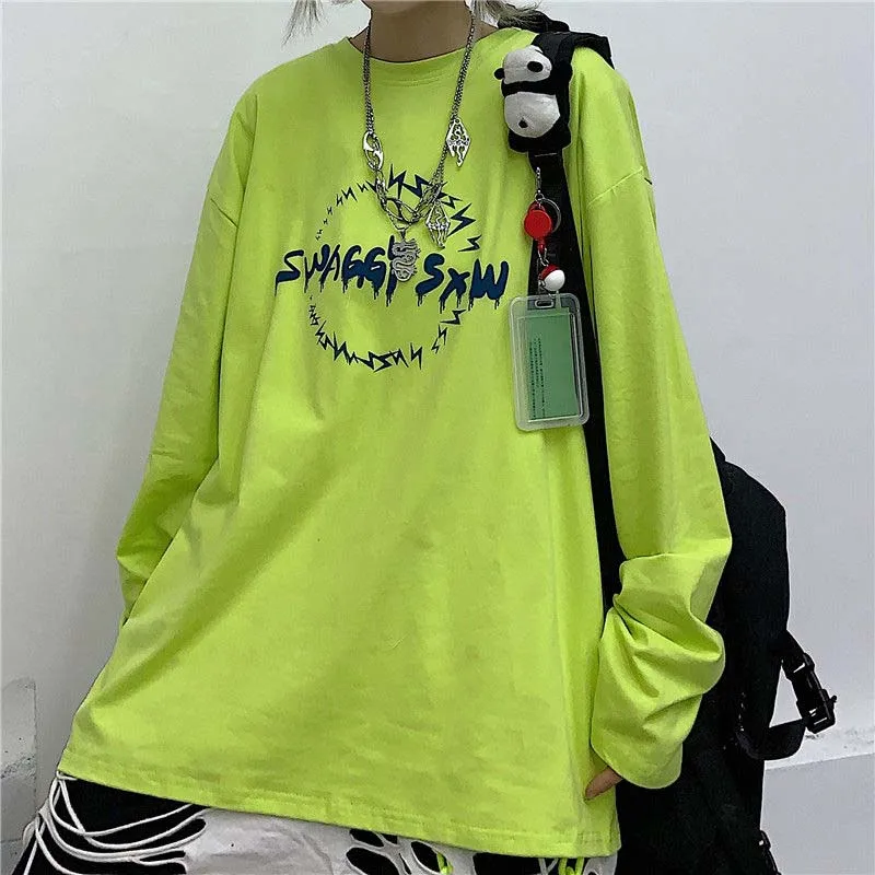 NiceMix Harajuku Однотонная одежда футболка с длинным рукавом женская пламени буквенным