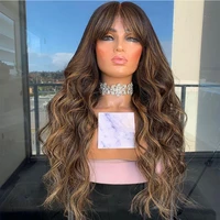 full lace highlight wig human hair for women long wavy wig with bangs brown highlights 180 remy hair 13x413x6 lace front wig