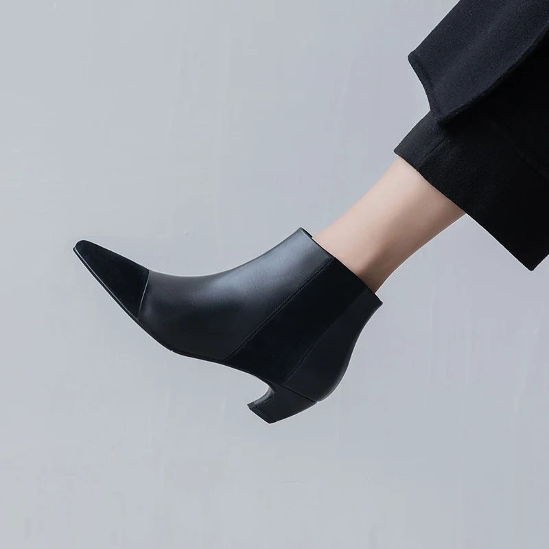 

ODS Elegant Solid Womens Chelsea Boots Leather Booties Woman Zipper Martin Boots Winter Ankle Booties Pointed Toe Shoes Black
