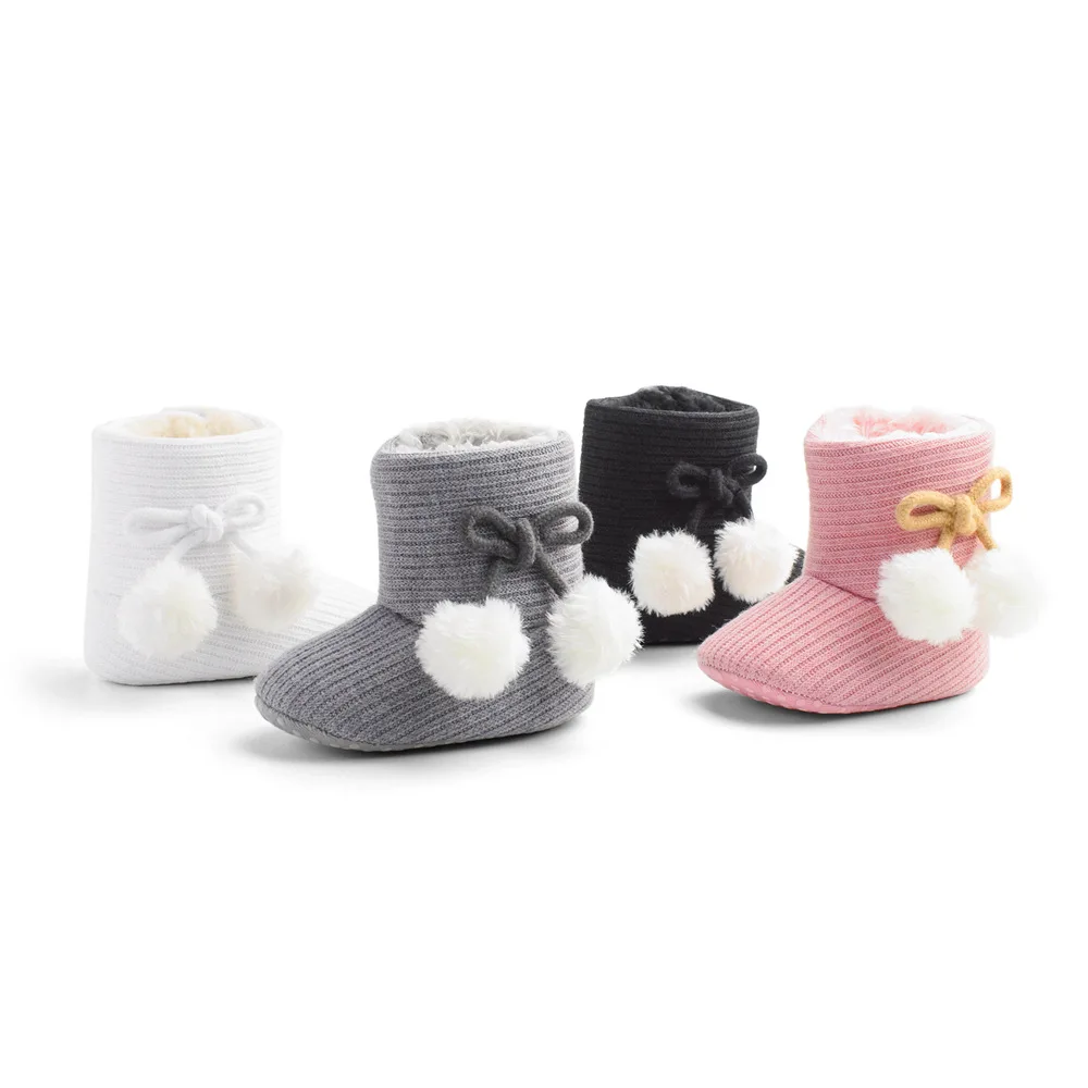 Baby Autumn Winter Boots Baby Girl Boys Winter Warm Shoes Solid Fashion Toddler Fuzzy Balls First Walkers Kid Shoes 0-18M