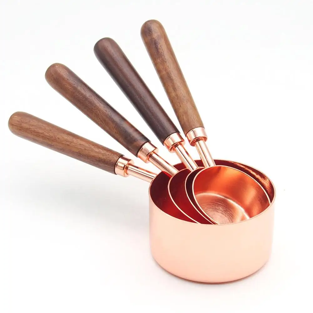 

4Pcs/Set Rose Gold Stainless Steel Measuring Cups And Measuring Spoon Scoop Set Wooden Handle Kitchen Measuring Tool For Baking