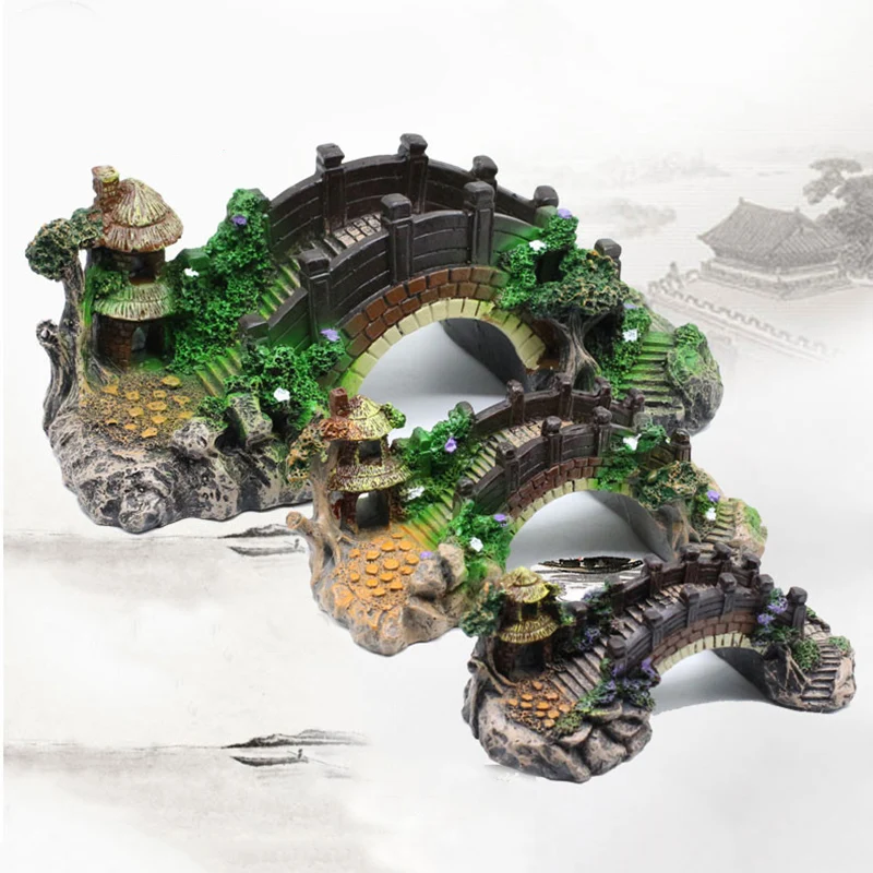 Аквариум орнамент мост Смола Рокери поддельный камень мосты павильон дерево