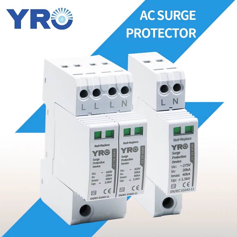 

AC SPD 2P 4P 20-40KA 420V House Lightning Surge Protector Protective Low-voltage Arrester Device OEM Factory YRSP-A2-2P/T2