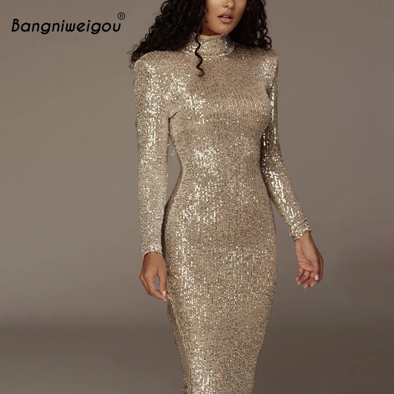 Bangniweigou Elegant Long Sleeved Silver Dress for Women Fall Winter Sequin Bodycon Wear To Work Office Lady Party Night Dress