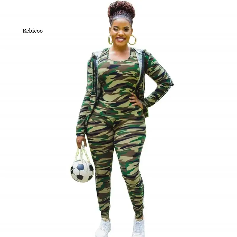 

Camouflage Tracksuit Women's Sets Zipper Hooded Jacket Tops With Tank And Skinny Pants Suit Fashion Autumn Sportswear lounge Set