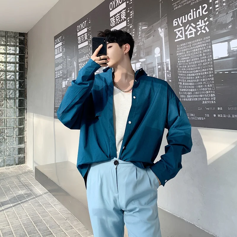 Рубашка мужская с длинным рукавом винтажная модная Свободная Повседневная синяя