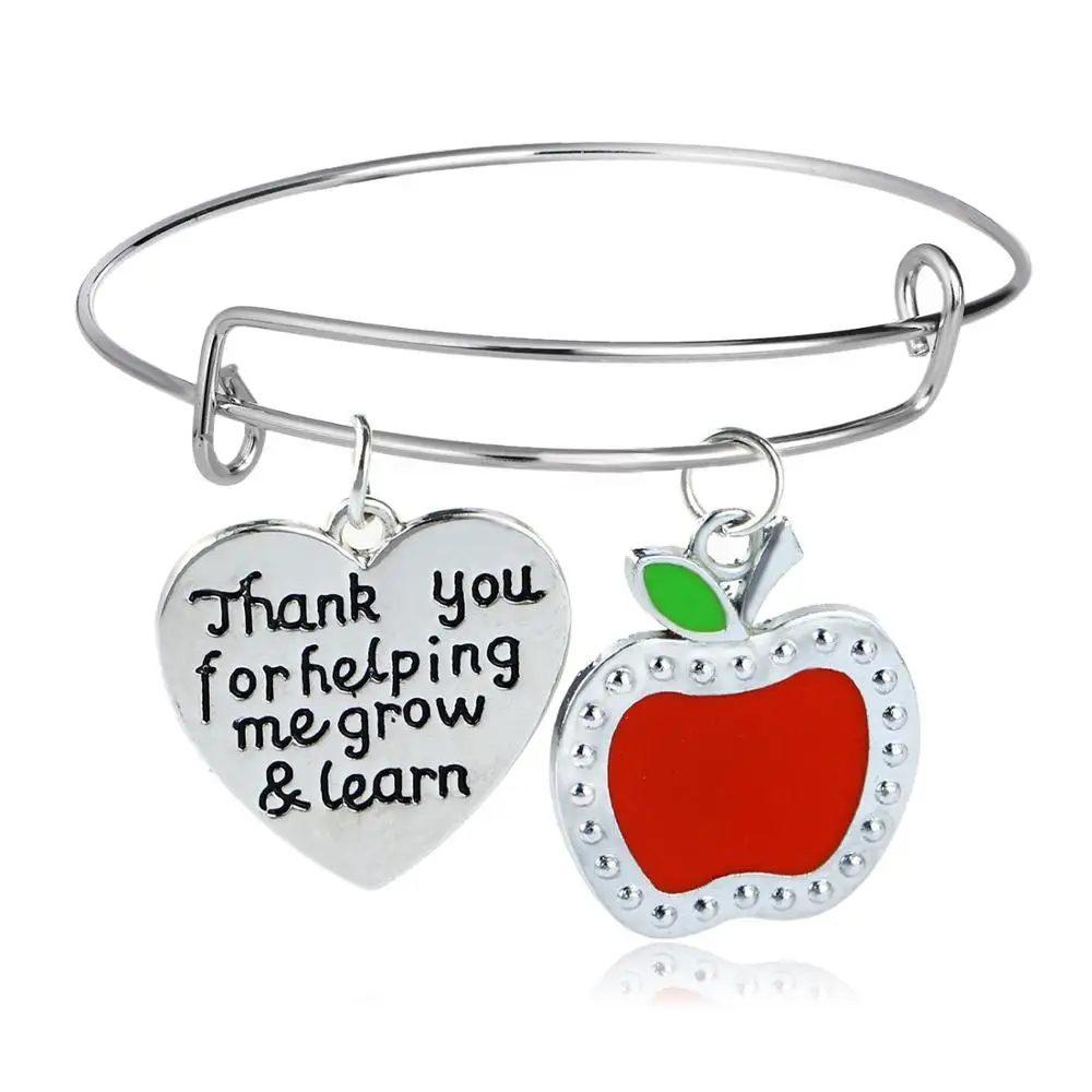 

12PC Thank You For Helping Me Grow And Learn Bangles Red Apple Heart Pendant Charm Bracelets Thanksgiving Teachers Gifts Jewelry