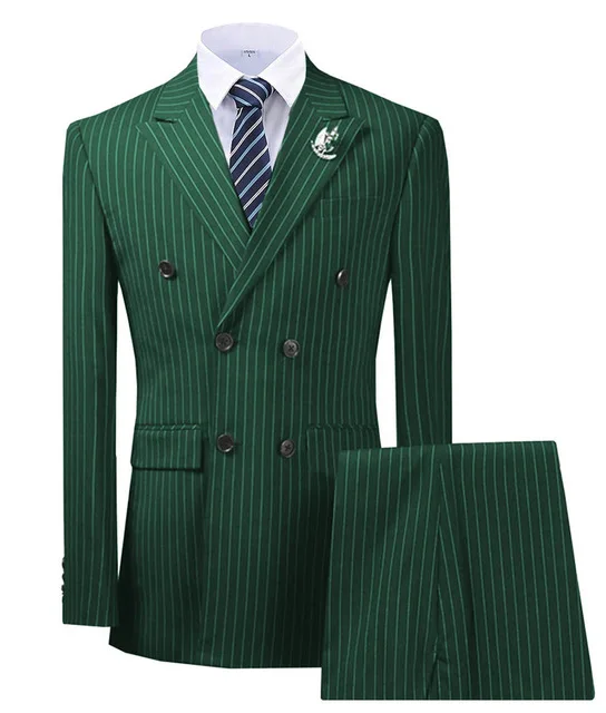 Зеленый мужской костюм в полоску 2 предмета смокинги тонкую с отворотами