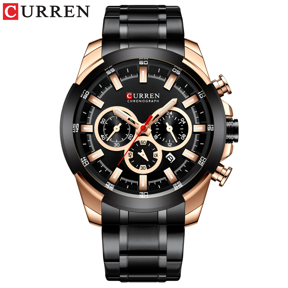 rose black CURREN новая сверхмодная Повседневное Часы из нержавейки Для мужчин кварцевые наручные часы с хронографом бизнес световой часы мужской - Цвет: rose black