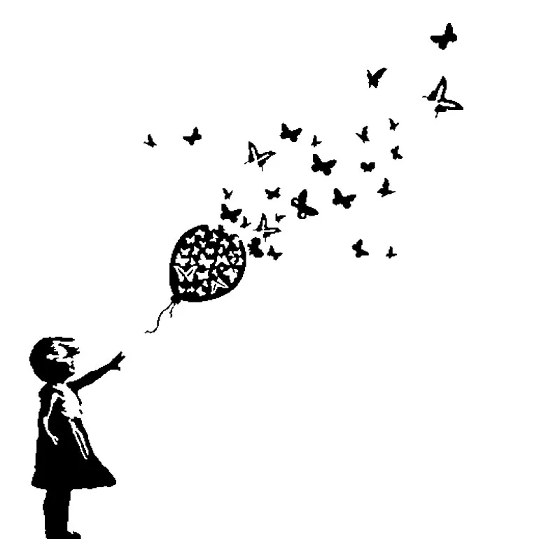 Декоративные наклейки для автомобиля "Девочка с бабочкой на воздушном шаре", персонализация, ПВХ, водонепроницаемые, черно-белые, 16 x 14 см.