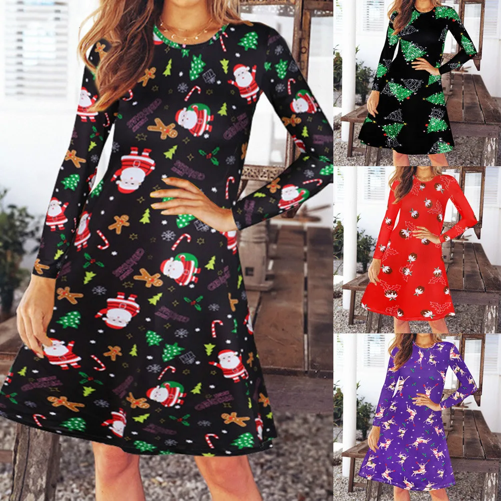 

Autumn Winter Dresses Festival Family Party Clothes Gift 2020 Women Christmas Dress Printed O-neck Long-sleeve Dress long sleeve