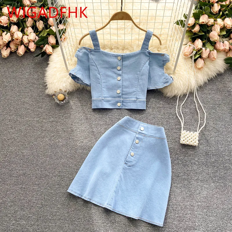 

Retro Denim Suit Women Short Single-breasted Temperament Off-the-shoulder Top High-waist Skirt Two-piece Fashion