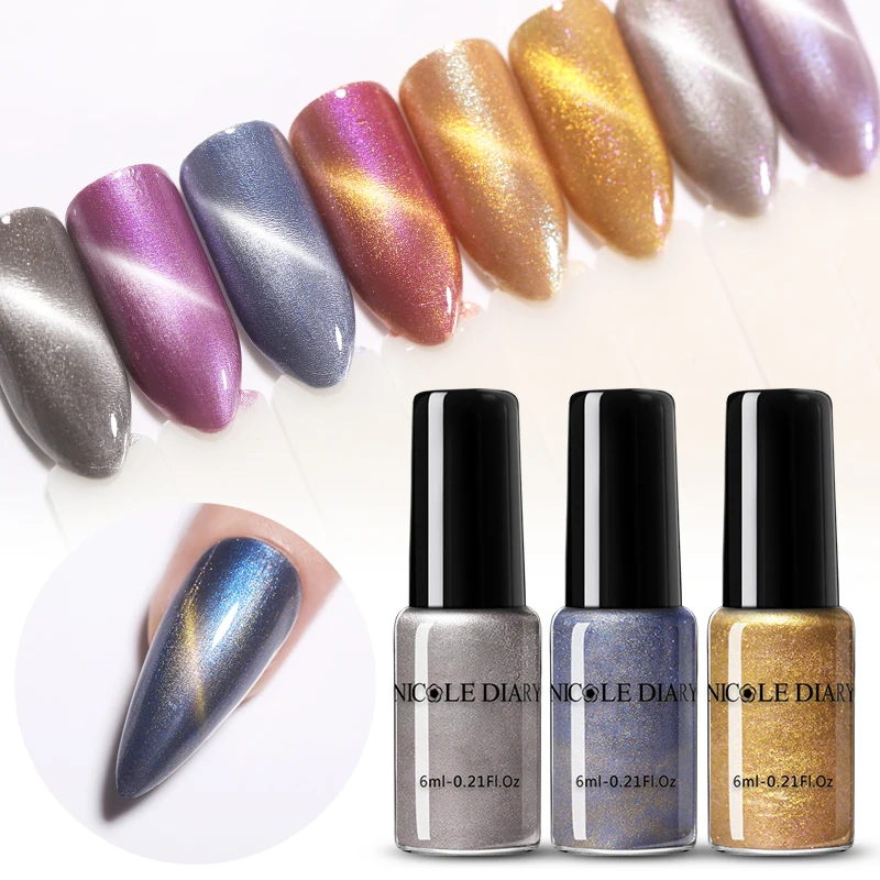 Цветной магнитный лак NICOLE DIARY для ногтей кошачий глаз с голографическими