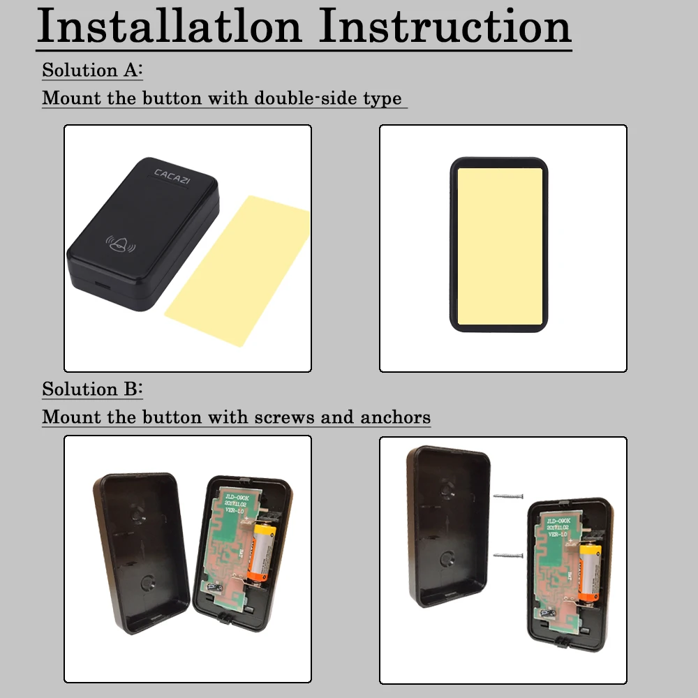 

CACAZI Wireless Doorbell DC battery-operated 300M Range 48 Chimes 6 Volume LED Light 23A12V Battery Home Cordless Doorbell