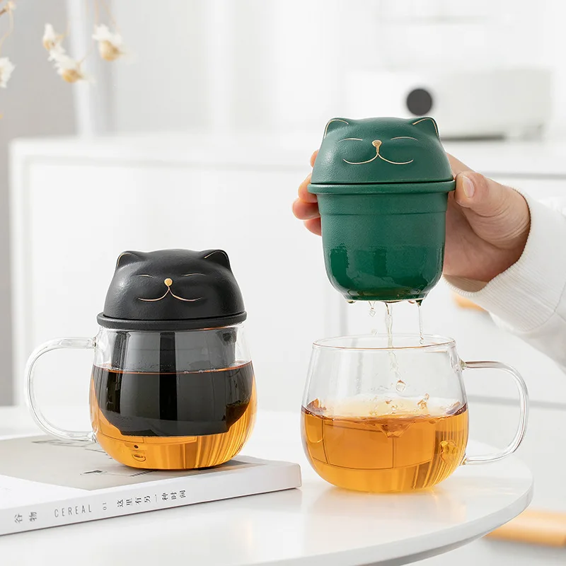 

Glass Lucky Cat Ceramic Cup Tea Water Separation with Cover Strain Home Office Travel Tea Cup