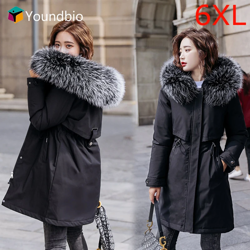 

Женская длинная повседневная куртка, модные зимние парки, меховой Тренч, плотное пальто, куртки с подогревом, Женское пальто с капюшоном из ...