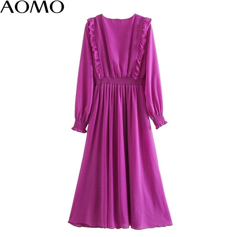 

AOMO fashion women ruffles purple dress v neck long sleeve strethy waist ladies dress vestidos XN442A