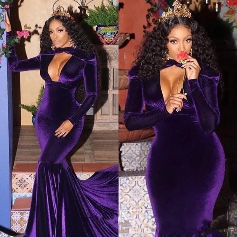 Темно фиолетовый велюр платье Русалка Вечерние платья 2019 Замочная скважина шеи с